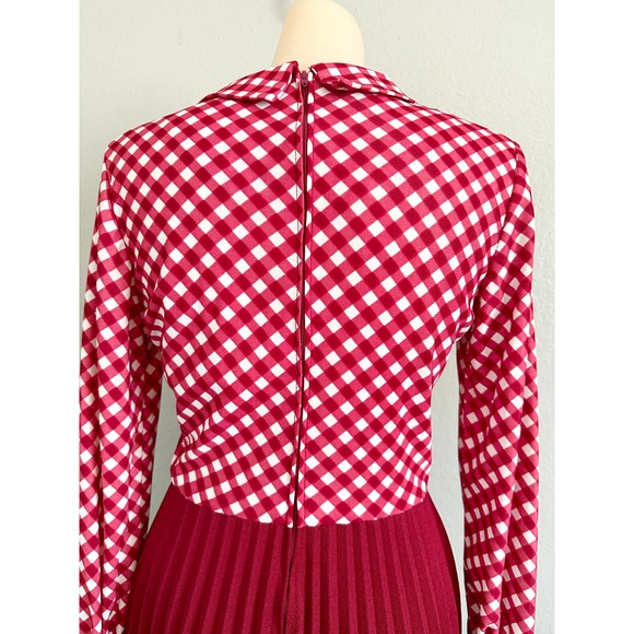 Vintage 60s 70s Red Check Skater Accordion Pleated Dagger Collar Mod Red Dress - Picture 8 of 15